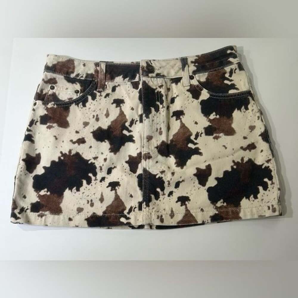 Topshop Cow Print Mini denim Skirt Size 6 | Brown Cream Denim Y2K